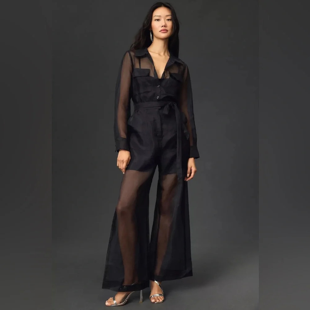 By Anthropologie Black Sheer Utility Jumpsuit - Picture 1 of 8